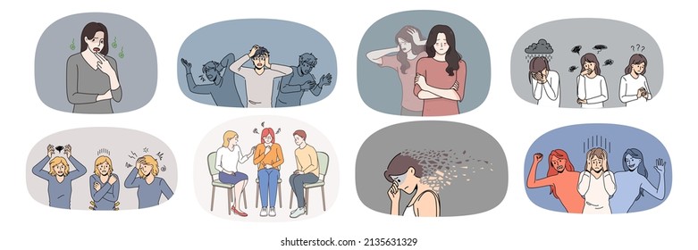 Set Of Unhappy Person Feel Stressed Suffer From Bipolar Disorder Or Mood Swing. Collection Of Unhealthy Sad People Struggle With Depression Or Psychological Mental Problems. Vector Illustration. 