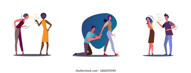 Set of unhappy problem couples. Flat vector illustrations of people breaking up, friends quarreling. Quarrel concept for banner, website design or landing web page