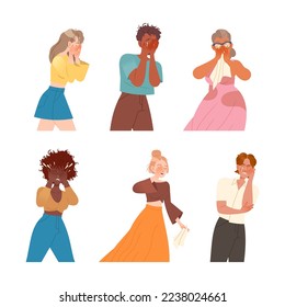 Set of unhappy sad crying and sobbing. Diverse people expressing emotions vector illustration