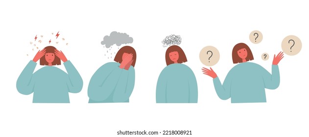 Set of unhappy sad girl with bad mood, suffering from grief, soul hurt, offense, sorrow and other negative psychological states and problems. Colored flat vector illustration isolated on white.