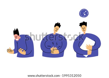 Set of unhappy sad men with a bad mood, suffering from anger, stomach ache, insomnia. Negative phisycal states and problems. Causes of stress and depression. Flat vector illustration isolated on white Stock photo © 