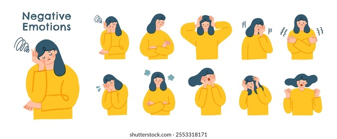 Set of unhappy sad people with bad mood, suffering from grief, soul hurt, offense, sorrow and other negative psychological states and problems. Colored flat vector illustration isolated on white