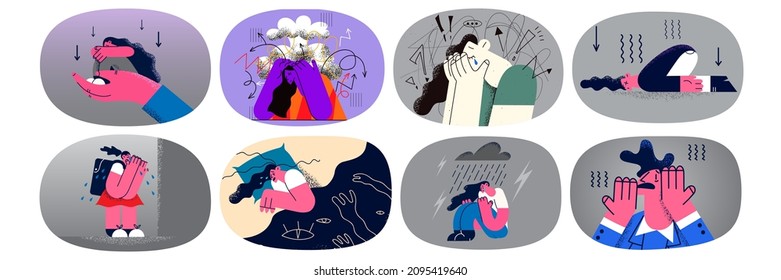 Set of unhappy sad woman feel down depressed cry struggle with mental disorder. Collection of upset female suffer from depression or anxiety panic attack. Psychological problem. Vector illustration. 