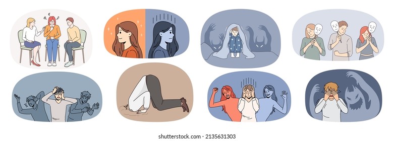 Set of unhappy sick diverse people suffer from mental psychological problems. Collection of scared emotional men and women struggle with panic attack or bipolar disorder. Vector illustration. 