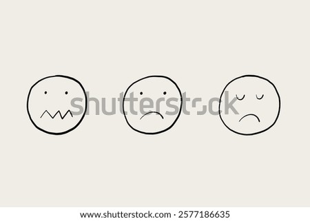 Set Unhappy Smiley Face. Bad Emoji Icon Collection. Hand Drawn Sketch Vector Isolated