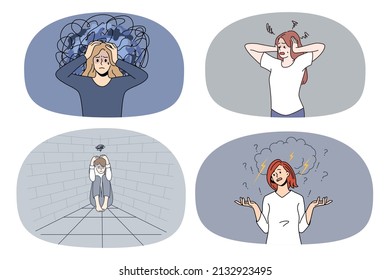 Set of unhappy stressed women feel despair suffer from depression or mental breakdown. Collection of sad distressed girls have panic attack struggle with psychological problems. Vector. 