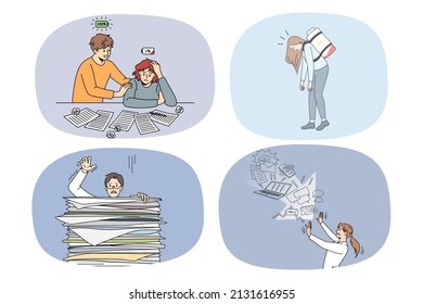 Set of unhappy tired employees suffer from fatigue or burnout overwhelmed with job tasks. Collection of exhausted businesspeople struggle with workload. Overwork. Vector illustration. 