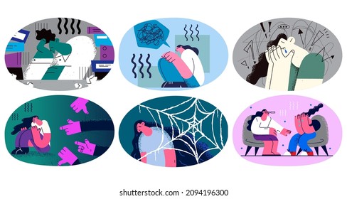 Set of unhappy women stressed with panic attack or anxiety problem. Collection of female suffer from depression or mental disorder, need psychotherapy counseling. Vector illustration. 