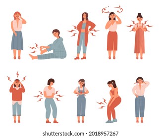 Conjunto de mujeres descontentas. dolor o dolor en diferentes partes del cuerpo - pecho, cuello, pierna, espalda, estómago. Ilustración vectorial en estilo plano. Salud, enfermedad, concepto de enfermedad, aislado en blanco.