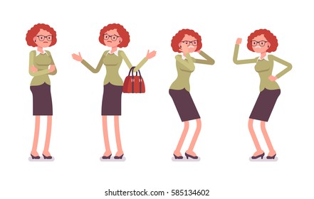 Set of unhappy young female typical office worker in a business smart casual wear, showing negative emotions, puzzled with task, crossed hands, troubled, full length, isolated, white background