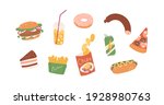 Set of unhealthy junk food. Fastfood icons of burger, hot-dog, pizza, sausage, chips, french fries, donut, cake and soda. Colored flat vector illustration of fat eating isolated on white background