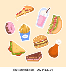 Set of unhealthy junk food. Fastfood and sweets icons. Design element for cafe menus. Pizza, burger, donut and cocktail. Flat vector collection illustration in white frame isolated on pink background