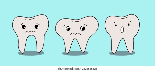 Set of unhealthy teeth. Cartoon childish style. Cartoon characters for social media, ad, business card, stickers, poster, flyer, tee print. Tooth Health Care Concept.