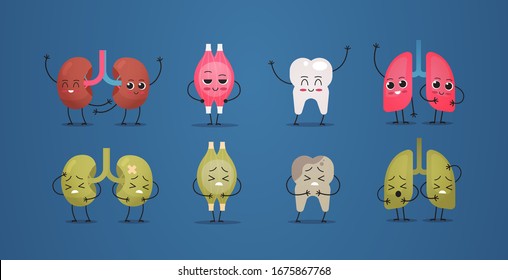 Set Unhealthy Vs Healthy Mascot Kidneys Muscle Tooth Lungs Characters Human Body Internal Organs Anatomy Concept Horizontal Vector Illustration