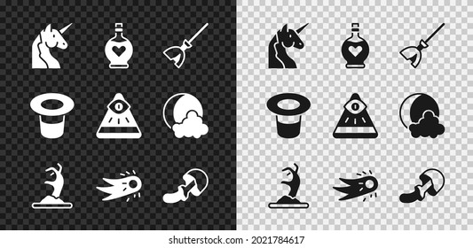 Set Unicorn, Bottle with love potion, Witches broom, Zombie hand, Fireball, Psilocybin mushroom, Magic hat and Masons icon. Vector