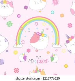Set of unicorn cat. Cute unicorn cat on rainbow. 