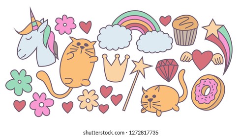 Set of unicorn and cat doodles 
