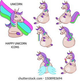 Set of unicorn character icons in different situations including to puke, pastel