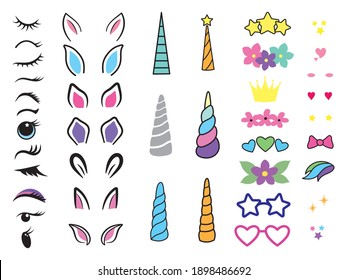 Set of unicorn creation kit. Collection of a magic unicorn constructor horn, eyes, ear, hairs for birthday party. Funny fairytale animal. Vector illustration of cartoon face pony. Drawing for girls.