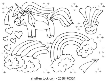 Set of unicorn design elements in hand draw style. Girly fairy collection