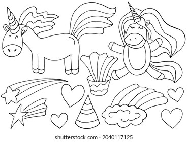 Set of unicorn design elements in hand draw style. Girly fairy collection