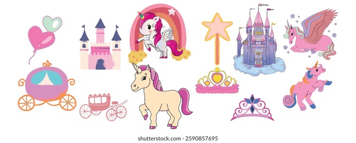 Set of unicorn design elements in hand draw style. Girly fairy collection