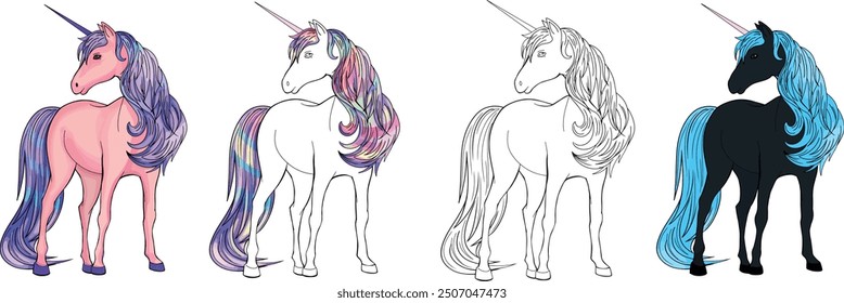  Set unicorn different color options Clipart design children products coloring books realistic flat drawing mane in rainbow colors fairy-tale animal isolated on white horse pink violet peach pony line