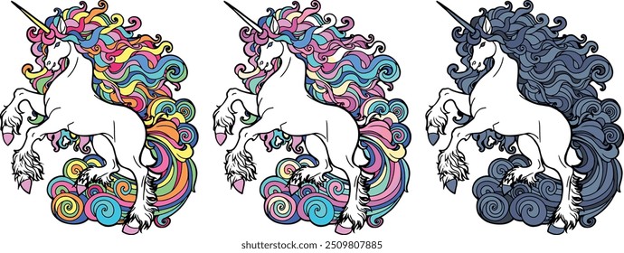 Set unicornio diferentes opciones de color Clipart diseño de productos para niños libros para colorear realista plana dibujando melena en colores del arco iris animal de cuento de hadas aislado en caballo blanco rosa violeta melocotón pony línea