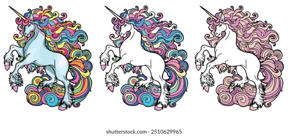 Set unicornio diferentes opciones de color Clipart diseño de productos para niños libros para colorear realista plana dibujando melena en colores del arco iris animal de cuento de hadas aislado en caballo blanco rosa violeta melocotón pony línea