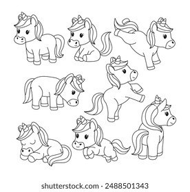 Set of unicorn doodle collection, unicorn outline coloring page or book animals for kindergarten, Vector line art set of animals wildlife, Hand drawn, Minimal unicorn line art doodle in different pose