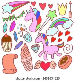 Set of unicorn doodle, drawing, sketch, cartoon