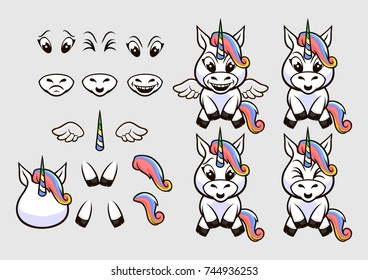 set of unicorn elements with rainbow