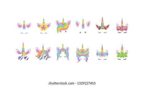 set unicorn faces for photo decotation.