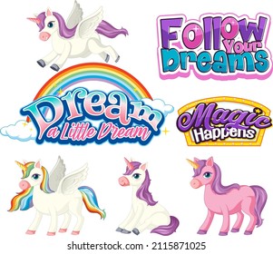 Set of unicorn fairy tales cartoon characters illustration