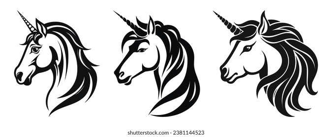 Set of Unicorn Head Black Color Vector Illustration