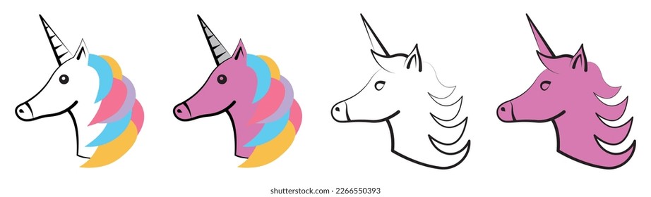 Set of unicorn head icons. Unicorn, horse, mane and horn. Head portrait unicorn sticker, cartoon. Vector illustration.