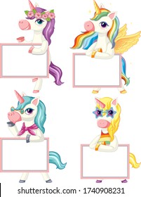 Set of unicorn holding blank banner illustration