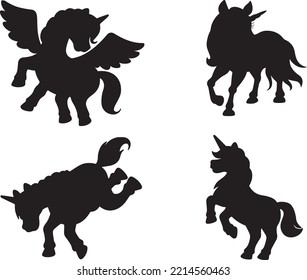 Set of Unicorn isolated vector Silhouettes.