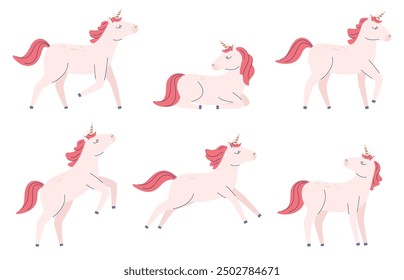 Un conjunto de lirios unicornio. Un caballo mágico fabuloso con un cuerno. Una criatura mitológica mágica. Ilustración vectorial