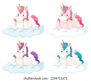 Set of unicorn on cloud illustration