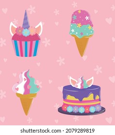 set unicorn party cake, ice cream