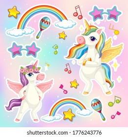 Set of unicorn or pegasus with music theme icon isolated on pastel color background illustration