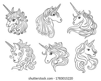 Set of unicorn portraits. Collection of the head of a magic horse with a horn. Vector illustration of mythical animals. Drawing for girls.