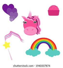 Set with unicorn and rainbow, cute magic items for design vector illustration