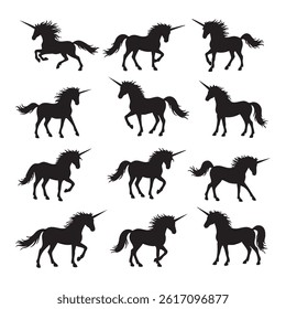 Set of unicorn silhouette on white background