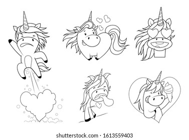 Set Of Unicorn Sketches. Vector Illustration Isolated On White Background