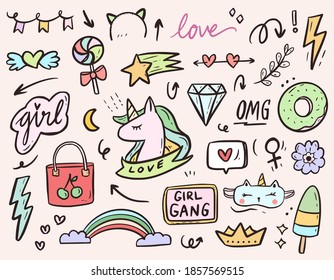 Set of unicorn sticker cartoon doodle drawing set collection vector illustration