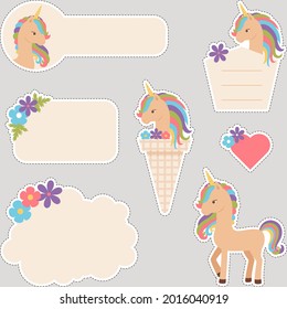 Set of unicorn stickers. Collection of cute unicorn labels in cartoon style. Vector art