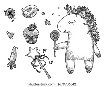 Set with unicorn sweet tooth. Cute fantastic animal. Hand drawn vector illustration