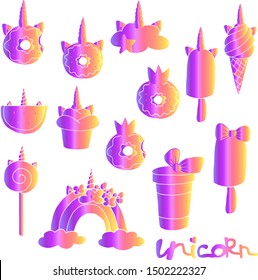 A set of unicorn sweets and decorations for the holiday in rainbow color. Drawn by hand for kids design.

